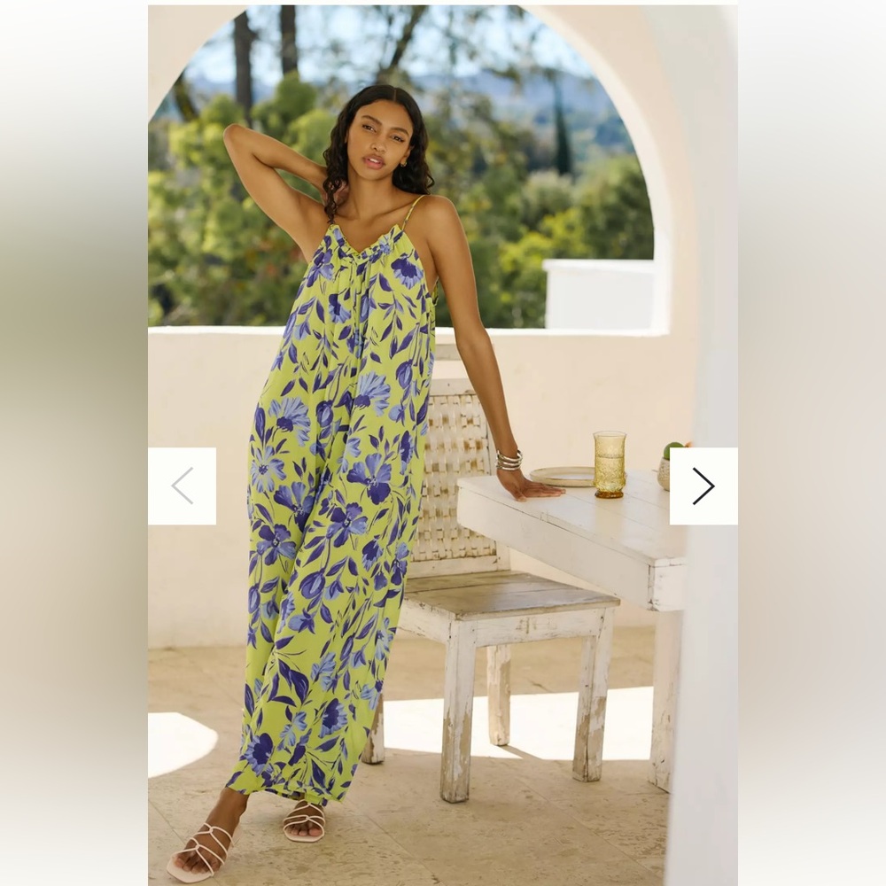 Anthropologie The Malika Wide-Leg Jumpsuit Floral in Green and Purple